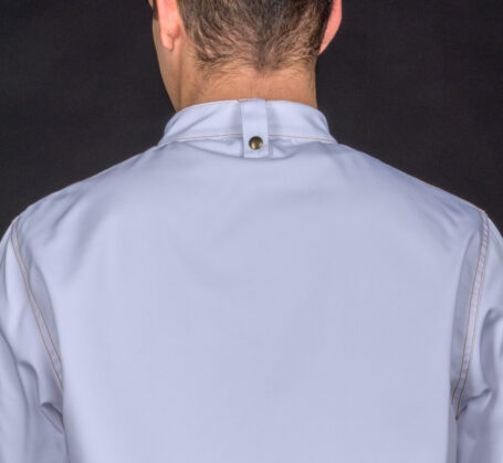 Man wearing stylish work shirt, supported with metal bronze stud button on neck, because details make the difference.