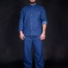 Chef wearing blue denim chef clothes, comfortable and stylish, ideal for daily use.