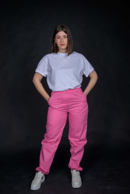 Fashionable and comfortable loose fit work pants for women.
